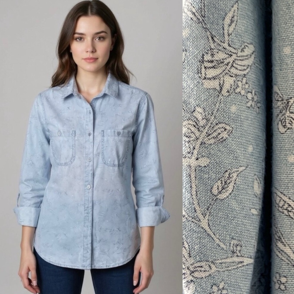 AG + Liberty Art Fabrics Womens Floral Chambray Button-Down Shirt Size Small